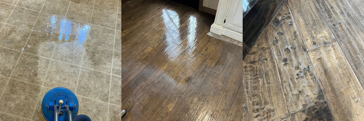Three job photos showing tile and wood-look floors cleaned by JDog in the St. George area